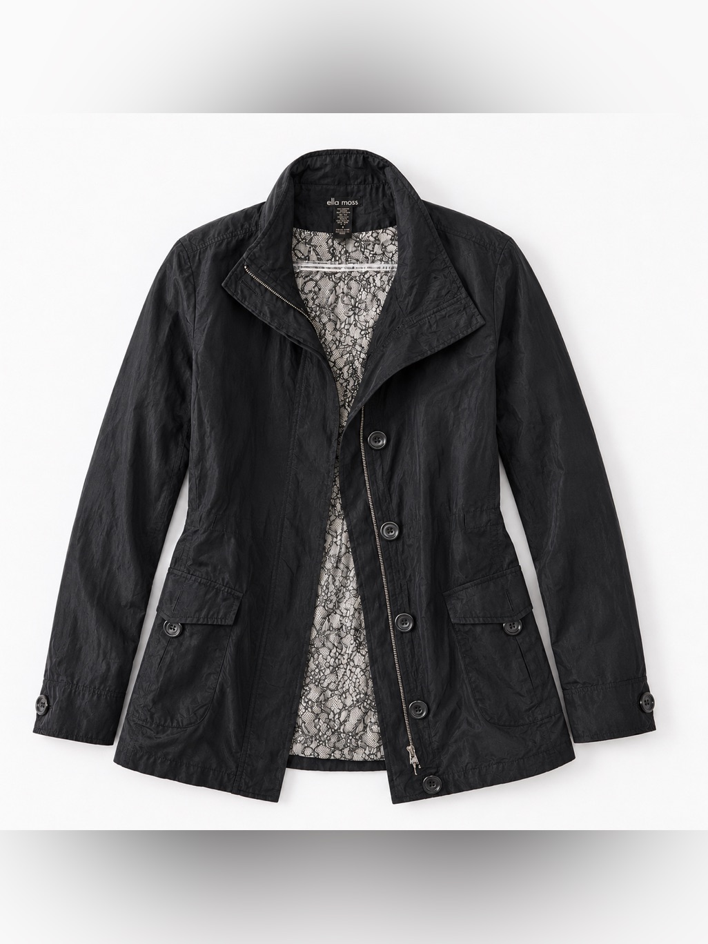 Ella Moss Women’s Black Silk Utility Safari Jacket Lightweight Medium Boho Chic